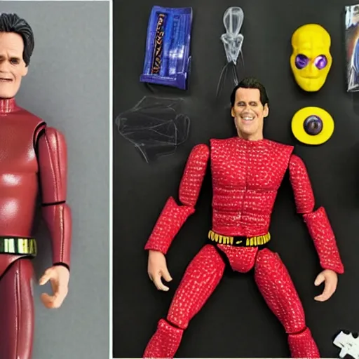 Image similar to Jim Carrey's action figure, wearing costumes