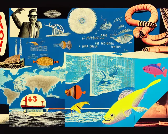 Prompt: footage of a theater stage, 1976 poster, cut out collage, film noir, break of dawn on Neptun, epic theater, tropical fish, nautical maps, NY style grafitti, in style of Ernst Haeckl, composition by Wed Anderson, written by Ernst Jandl, lens flare