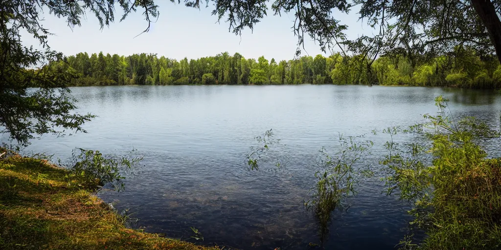 Prompt: photo field with Lake with black Water reality