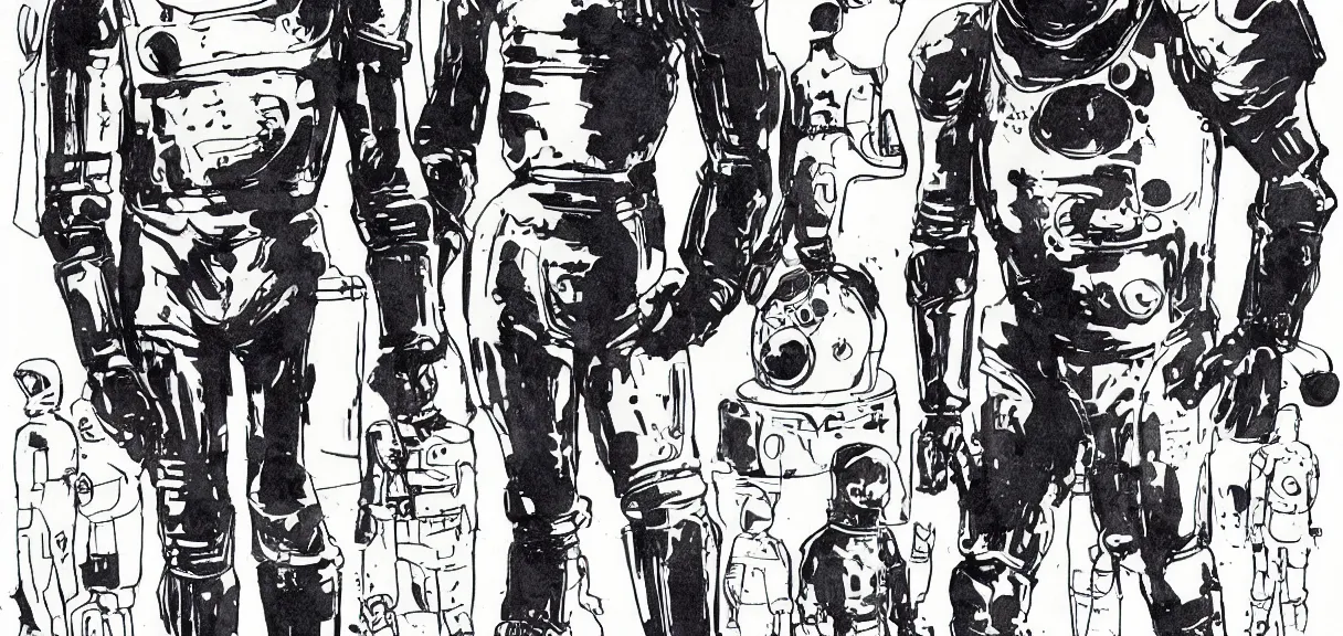 Prompt: male, full body, space suit with a modern helmet, large shoulders, short torso, long thin legs, tiny feet, character sheet, science fiction, very stylized character design, pen and ink, digital painting, watercolor wash, by mike mignola, by alex maleev, jean giraud