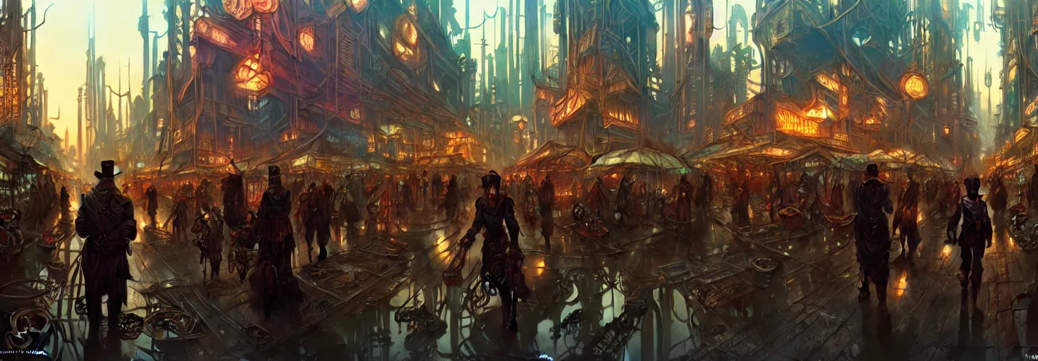 Image similar to steampunk cyberpunk city in a swamp, busy market, godrays, cinematic, poster art by weta studio, lucasfilm jesper ejsing, norman rockwell, mucha, ilya kuvshinov, greg rutkowski frank frazzeta on artstation