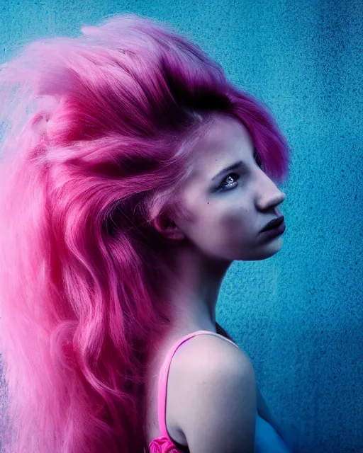 Image similar to a dramatic lighting photo of a beautiful young woman with cotton candy hair. moody, melanchonic. with a little bit of cyan and pink