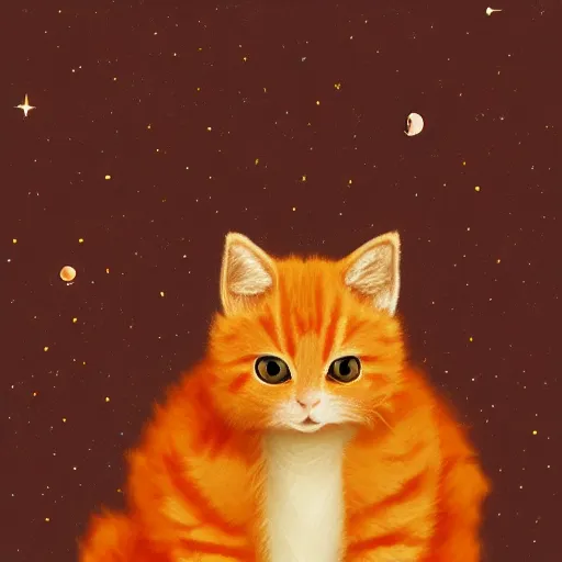 Image similar to A fuzzy orange cat sitting on planet earth, space with stars in the background, trending on artstation