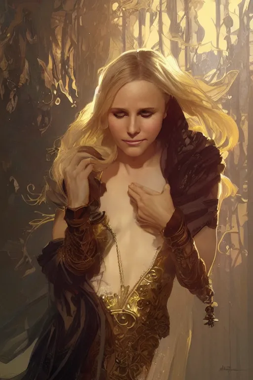 Image similar to beautiful Kristen Bell, intricate, elegant, highly detailed, digital painting, artstation, concept art, smooth, sharp, focus, illustration, art by artgerm and greg rutkowski and alphonse mucha