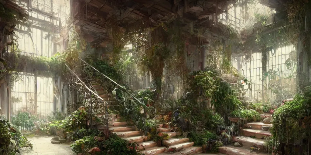 Prompt: photo of a stunning indoor garden. cozy. stairs. trending on artstation. cgsociety. art by greg rutkowski and moebius.