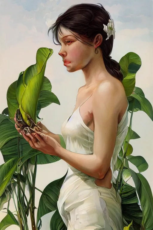 Image similar to ultra realistic illustration, banana plants, white background, elegant, highly detailed, digital painting, artstation, concept art, smooth, sharp focus, illustration, art by artgerm and greg rutkowski and alphonse mucha