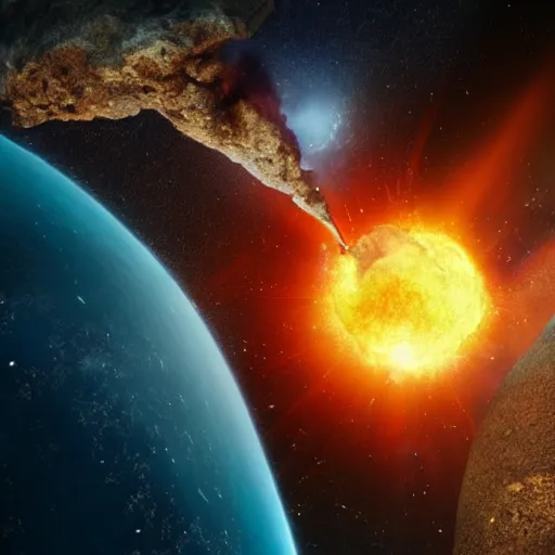 Prompt: an asteroid is crashing into earth. movie. cinematic. epic. huge explosion. particle effects. molten. octane renderer.