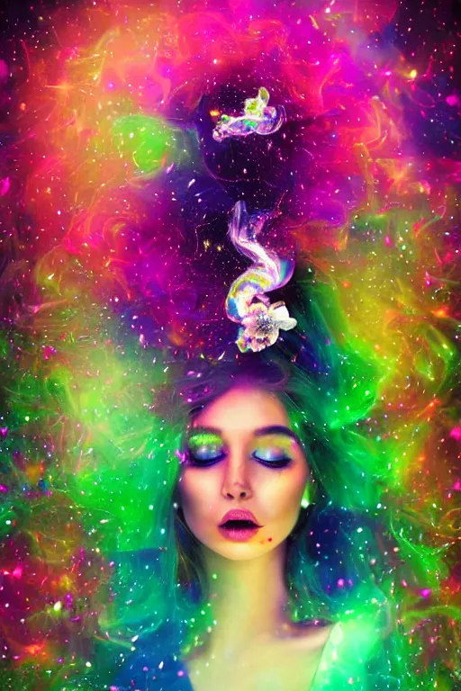 Prompt: psychedelic, whimsical, 4k, beautiful intimate woman blowing smoke, with professional makeup, long trippy hair, a crystal and flower dress, sitting in a reflective pool, surrounded by gems, underneath the stars, rainbow fireflies, trending on patreon, deviantart, twitter, artstation, volumetric lighting, heavy contrast, art style of Ross Tran and Viktoria Gavrilenko and Ilya Kuvshinov