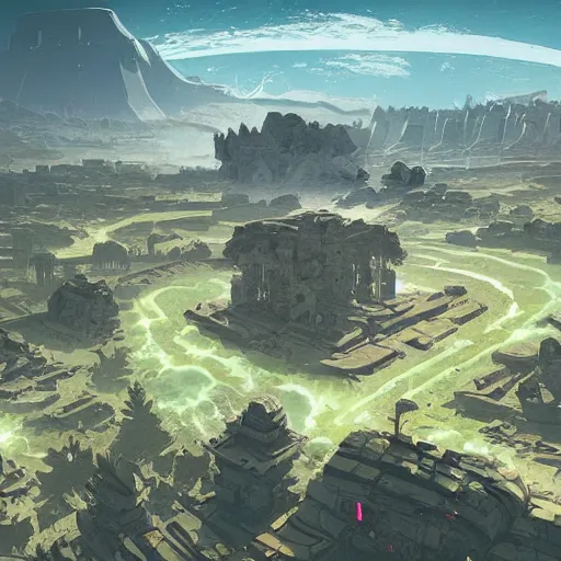 Image similar to the remains of a deserted planet. ruins, seen from space. clean sharp digital art, environment concept art, by rossdraws, ghibli, breath of the wild, greg rutkowski