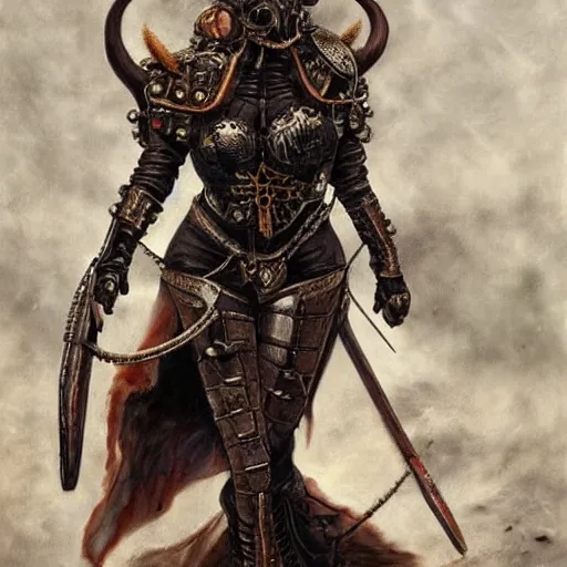 Image similar to a hyperrealistic portrait painting of a beautiful woman with demonic horns wearing steampunk goggles and ornate leather armor, walking into battle against an immense demonic army, by santiago caruso, highly detailed,