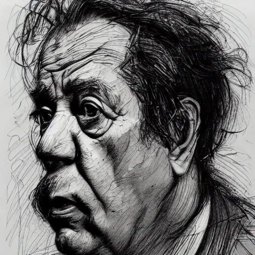 Prompt: a realistic yet scraggly portrait sketch of the side profile of a stern and sophisticated alfred hitchcock, trending on artstation, intricate details, in the style of frank auerbach, in the style of sergio aragones, in the style of martin ansin, in the style of david aja, in the style of mattias adolfsson