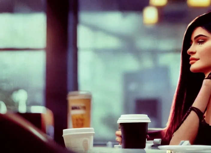 Image similar to a close - up, color cinema film still of kylie jenner drinking coffee at a starbucks, ambient lighting at night, from matrix ( 1 9 9 9 ).