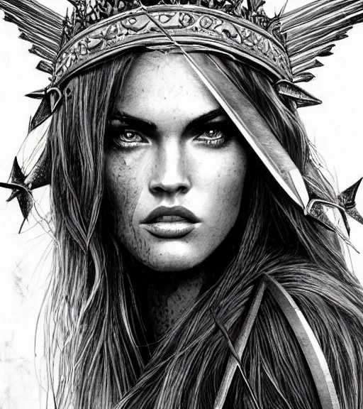 Image similar to portrait of megan fox as beautiful aphrodite goddess as an archer, arrow crown, beautiful piercing eyes, flowing blonde hair, realistic face, black and white drawing, in the style of greg rutkowski, fantasy, amazing detail, epic, intricate, elegant, smooth, sharp focus