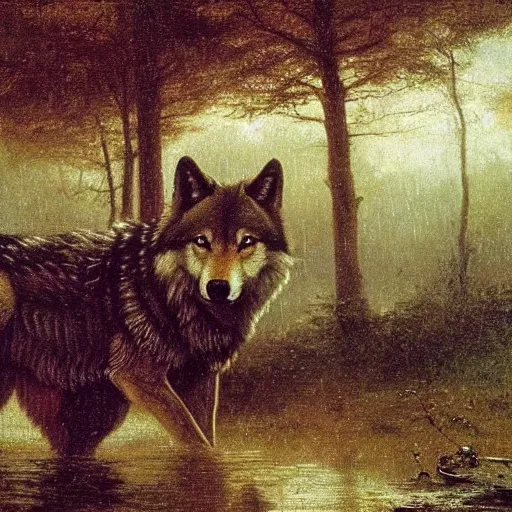 Prompt: a close up, close portrait of a wolf in the rain, sad, melancholy, by albert bierstadt and robert cleminson