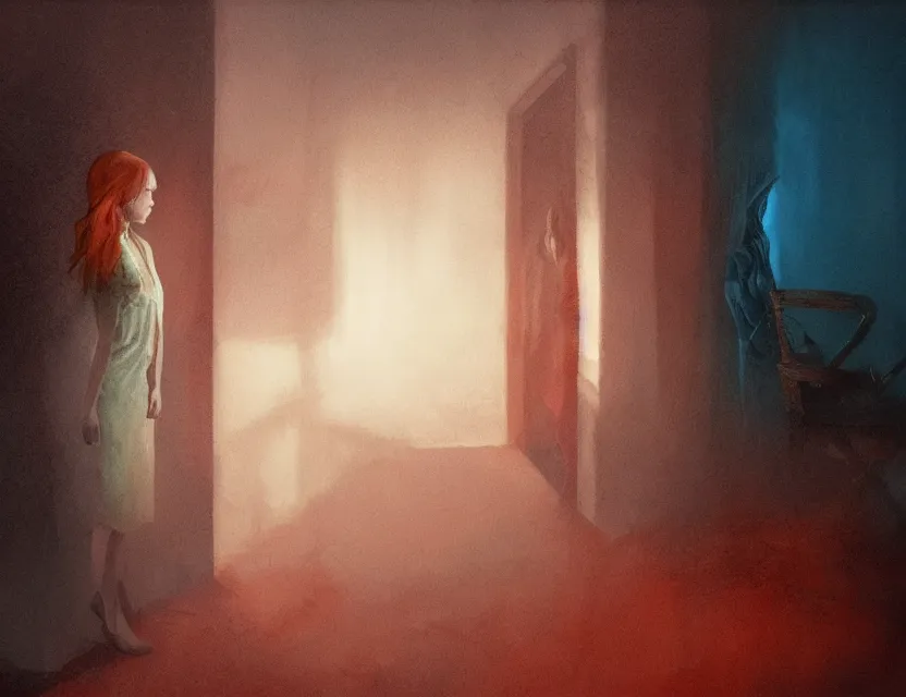 Prompt: psychological horror movie still. complementary colors, oil painting, indie concept art, bloom, chiaroscuro, backlighting, intricate details.