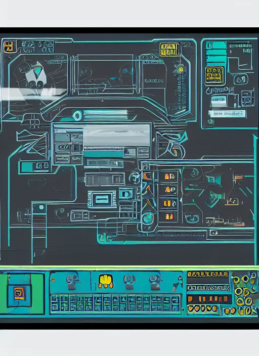 Image similar to simple cyberpunk graphics user interface ( gui ) depicting operational controls of a mech robot. design by mark coleran or jayse hansen ( 1 9 9 1 )