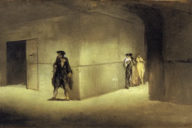 Image similar to goya painting of a dirty subway station in new york city
