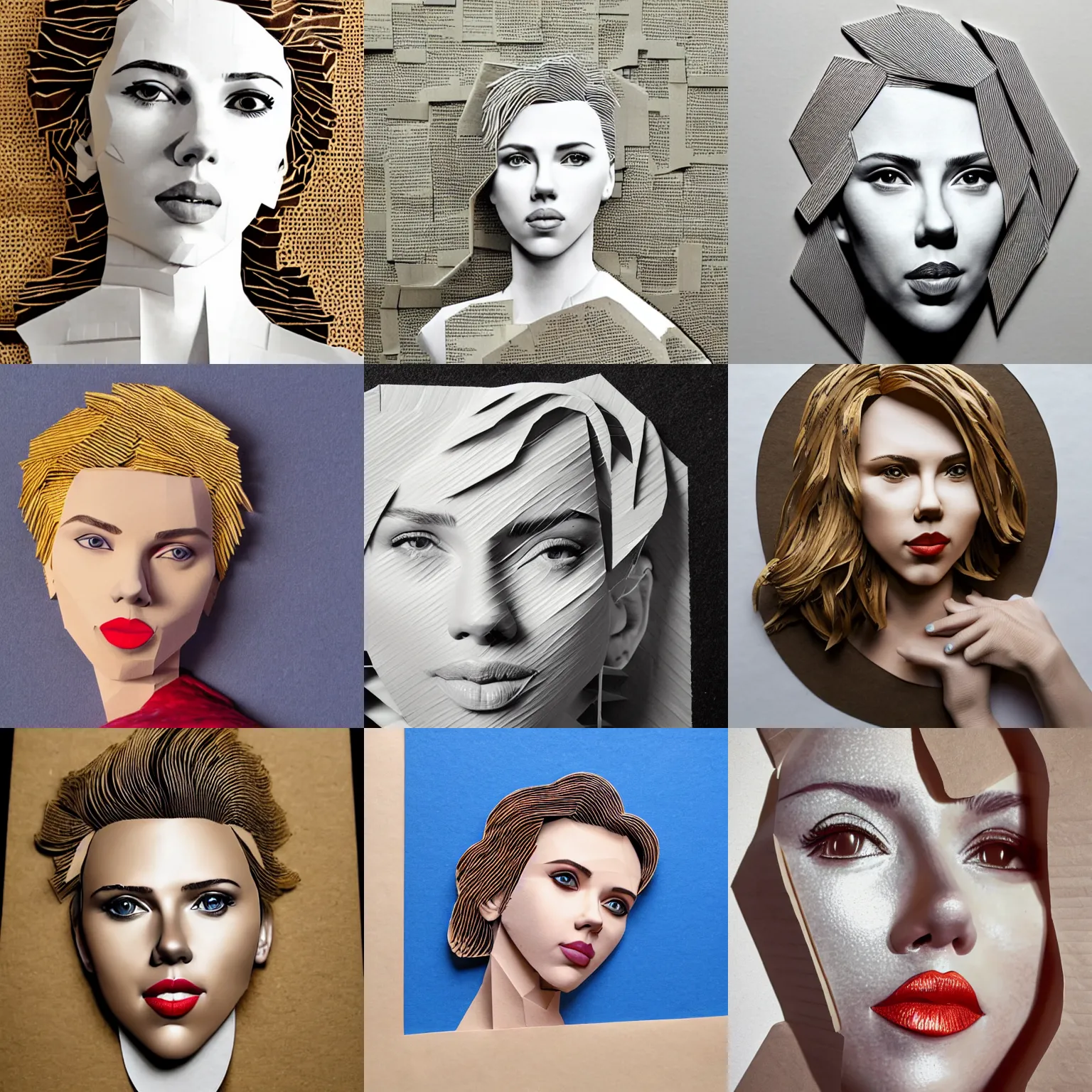 Prompt: scarlett johansson made out of cardboards, paper cut out, photorealistic, photo, product, 4 k, gallery