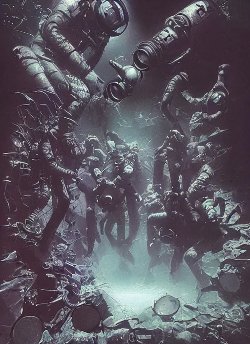 Image similar to astronauts divers in dark void underwater - complex and hyperdetailed technical suit design. reflection and dispersion materials. rays and dispersion of light. volumetric light. f / 3 2. noise film photo. flash photography. ultra realistic, 5 0 mm. poster by wayne barlowe, hajime sorayama aaron horkey, craig mullins