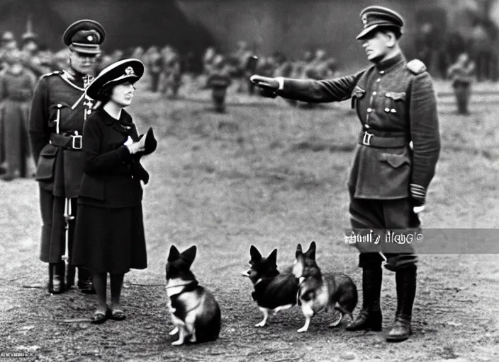 Image similar to ultra wide 1 9 4 6 historical far away photo a german general surrendering to young queen elizabeth, her corgis are nearby highly detailed