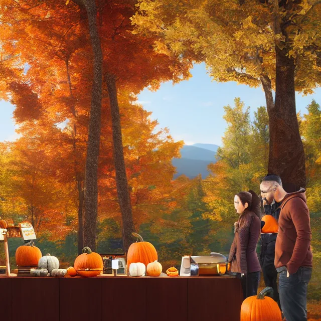 Prompt: pumpkin headed people ordering coffee at a coffee stand, maple trees with fall foliage, on a mountain in new hampshire, volumetric, realistic, cinematic lighting, ray tracing, unreal engine 5, octane render, hyper realistic, photo, 8 k