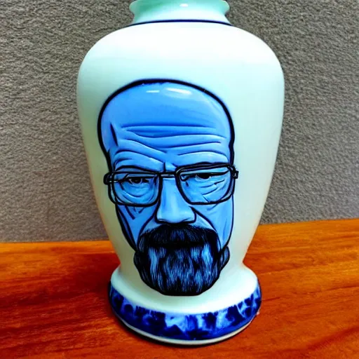 Prompt: a delft blue vase with walter white making meth depicted on it