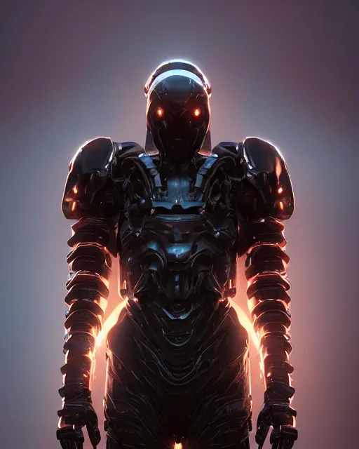 Image similar to a dark sci fi horror quarter - length portrait of a shadow demon wearing futuristic sci fi armor made of metal plates, cinematic lighting, smooth, high detail, dark fantasy, unreal engine, octane render, by vitaly bulgarov artstation, golden rule, sense of action, fog volumes, vivid color glow, post processing, cgsociety