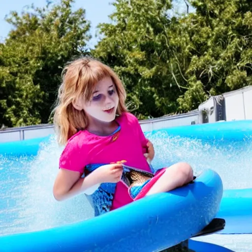 Prompt: a girl finds a snake on a water slide