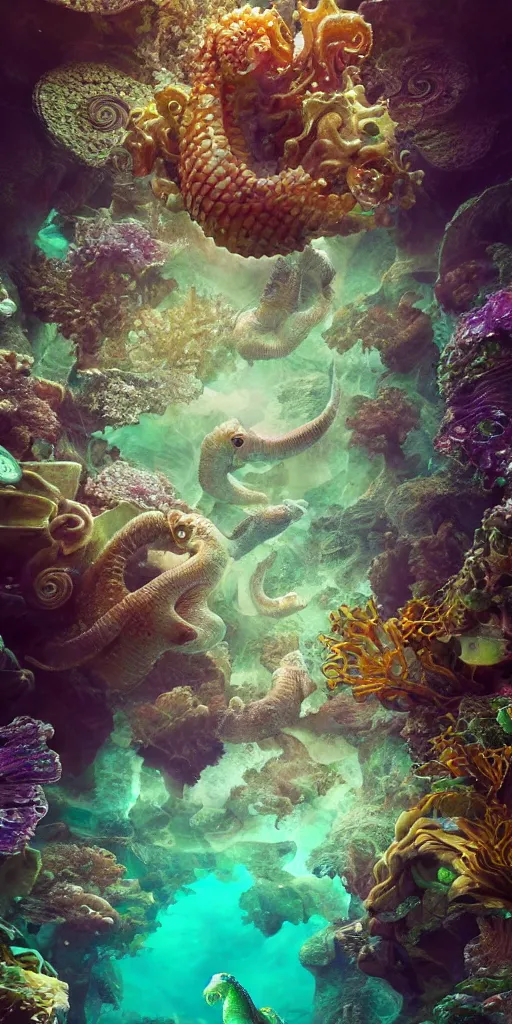 Prompt: mythical dreamy organic translucent bio-mechanical overpopulated underwater beautiful city of Atlantis with seahorses, highly detailed, intricate crystal jelly ornate, poetic, 3D render, digital art, octane render, 8K artistic photography, photo-realistic, by Dora Maar