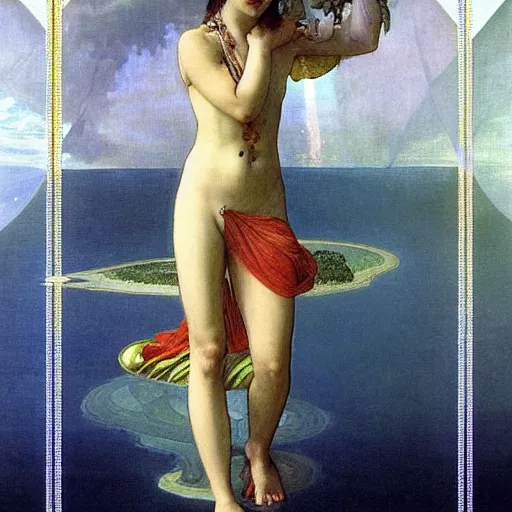 Image similar to Demon Girl at the palace, refracted sparkles, thunderstorm, greek pool, beach and Tropical vegetation on the background major arcana sky, by paul delaroche, alphonse mucha and arnold böcklin, hyperrealistic 8k, award-winning, very very very detailed