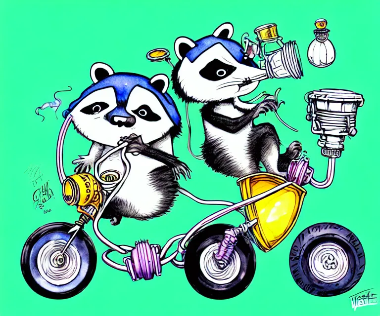 Prompt: cute and funny, racoon smoking a bong wearing a helmet riding in a tiny dragula coupe with oversized engine, ratfink style by ed roth, centered award winning watercolor pen illustration, isometric illustration by chihiro iwasaki, edited by range murata