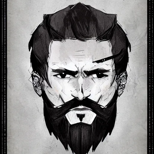 Prompt: very attractive man with beard, body full, strong masculine features, 3/4 front view, slim, short hair, 35 years old, epic character design, defensive pose, sophisticated clothing with some steampunk elements, command presence, royalty, weathered face, smooth, sharp focus, organic, appealing, book cover, deep shadows, by Dave McKean sketch lineart for character design