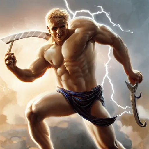 Image similar to benjamin netanyahu as a greek god of lightning, shooting lightning bolts, highly detailed, ultra clear, by artgerm and greg rutkowski