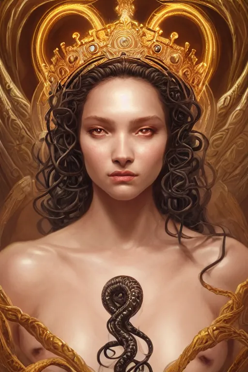 Image similar to highly detailed portrait of an elegant medusa, ornate crown, beautiful symmetrical face, glowing skin, digital painting, artstation, concept art, smooth, clear focus, illustration, greg rutkowski, artgerm, global lighting, detailed and fantasy