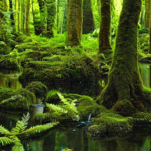 Image similar to ten round pools of clear still water in a forest, the wood between the worlds, narnia, cs lewis, lush green forest, moss and ferns, ferns,