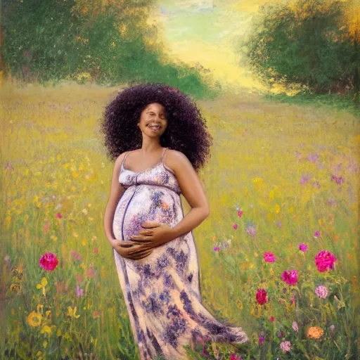 Prompt: pregnant east african woman with curly hair in a vast field of flowers with a tiny black puppy, laying down, looking into the distance, golden hour, vintage, impressionist painting, fine art, oil painting, dreamy, pastel, laughing, happy, intricate details, sharp, peaceful, serene