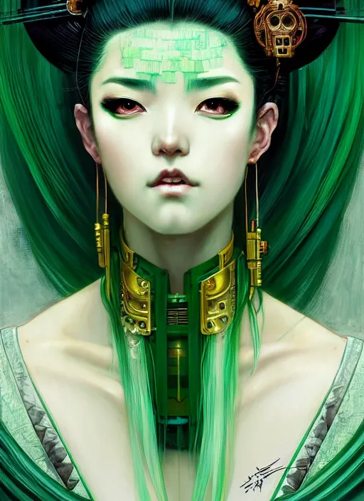 Prompt: portrait of a beautiful cyberpunk geisha with emerald green hair, beautiful symmetrical face, fantasy, regal, by stanley artgerm lau, greg rutkowski, thomas kindkade, alphonse mucha, loish, norman rockwell.