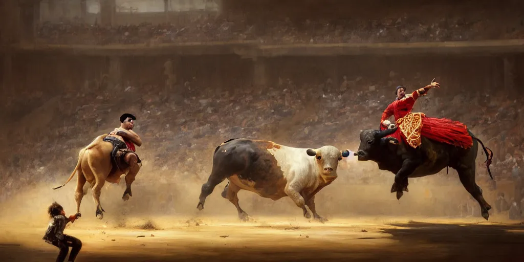 Prompt: a bullfighter fighting a bull in a bullring, mythology, extremely detailed digital painting, in the style of goya and ruan jia and jeremy lipking and peter mohrbacher, mystic colors, edge light, beautiful lighting, 4 k, scene dazzling, ray tracing, octane, trending on artstation