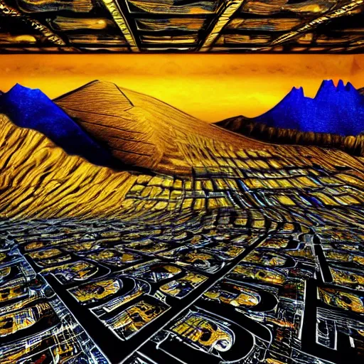 Prompt: a mountain made out of computer screens that display bitcoin logos, cinematic, post - apocalyptic landscape, harsh contrast lighting, in the style of surrealism, made by salvador dali