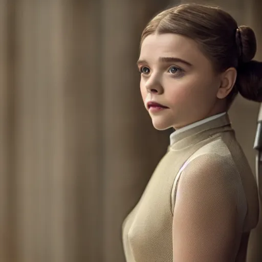 Image similar to Adult Chloe Moretz as Princess Leia, XF IQ4, 150MP, 50mm, F1.4, ISO 200, 1/160s, natural light