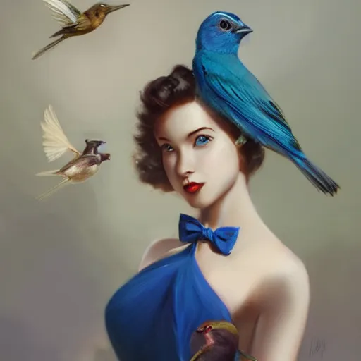 Image similar to hyper realistic painting, tasteful pinup girl holding an indigo bunting, bird, the bird is wearing a bowtie, by greg rutkowski, highly detailed, digital illustration, rossdraws, gil elvgren, enoch bolles, anime, porcelain skin, very coherent