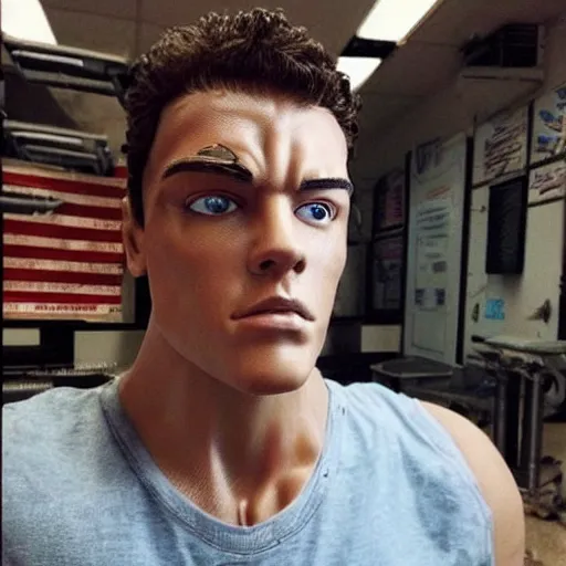 Image similar to “a realistic detailed photo of a guy who is the terminator robot, a cyborg consisting of living tissue over a robotic endoskeleton, who is a male android, Ethan Dolan, posing like a statue, blank stare”