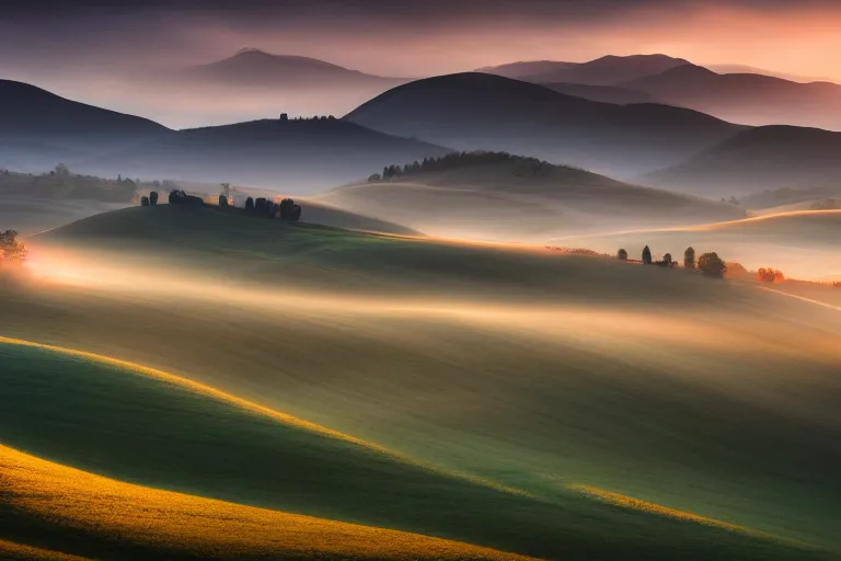 Prompt: moody landscape photography by marc adamus, mist, sunset, hills, tuscany, beautiful