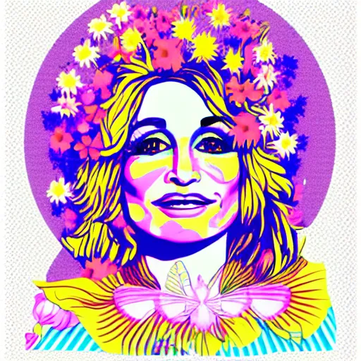 Image similar to flower child, dolly parton, graphic design!!, psychedelic, isometric