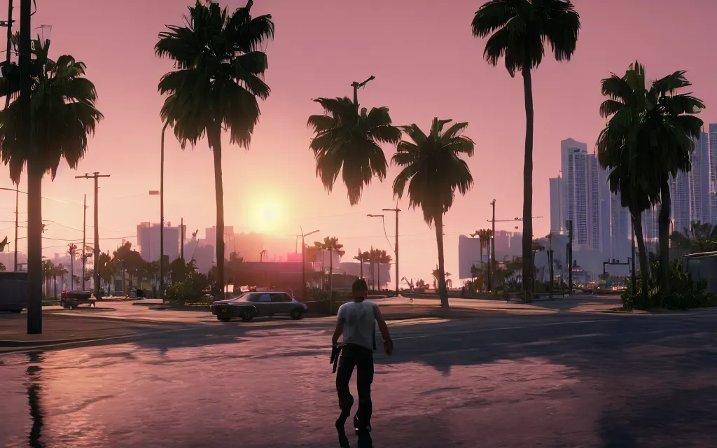 Image similar to still next - gen ps 5 game grand theft auto 6 2 0 2 4 remaster, graphics mods, rain, red sunset, people, rtx reflections, gta vi, miami, palms and miami buildings, photorealistic screenshot, unreal engine 5, 4 k, 5 0 mm bokeh, gta vice city remastered, artstation