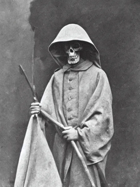 Image similar to portrait of faceless grim reaper, ww1 photo, grainy, high detail, high resolution,