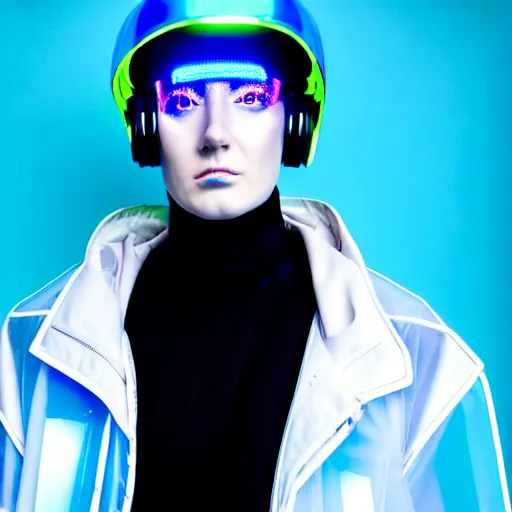 Image similar to an ultra high definition professional studio quality photograph of an artificial celebrity cyberpunk pop star wearing a transparent iridescent perspex pastel coloured face visor and matching raincoat on white coat hook in an icelandic black rock environment. dramatic lighting. volumetric shadows. light rays