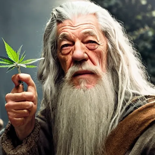 Image similar to Ian McKellen as gandalf holding a marijuana plant, photorealistic, detailed face, cinematic