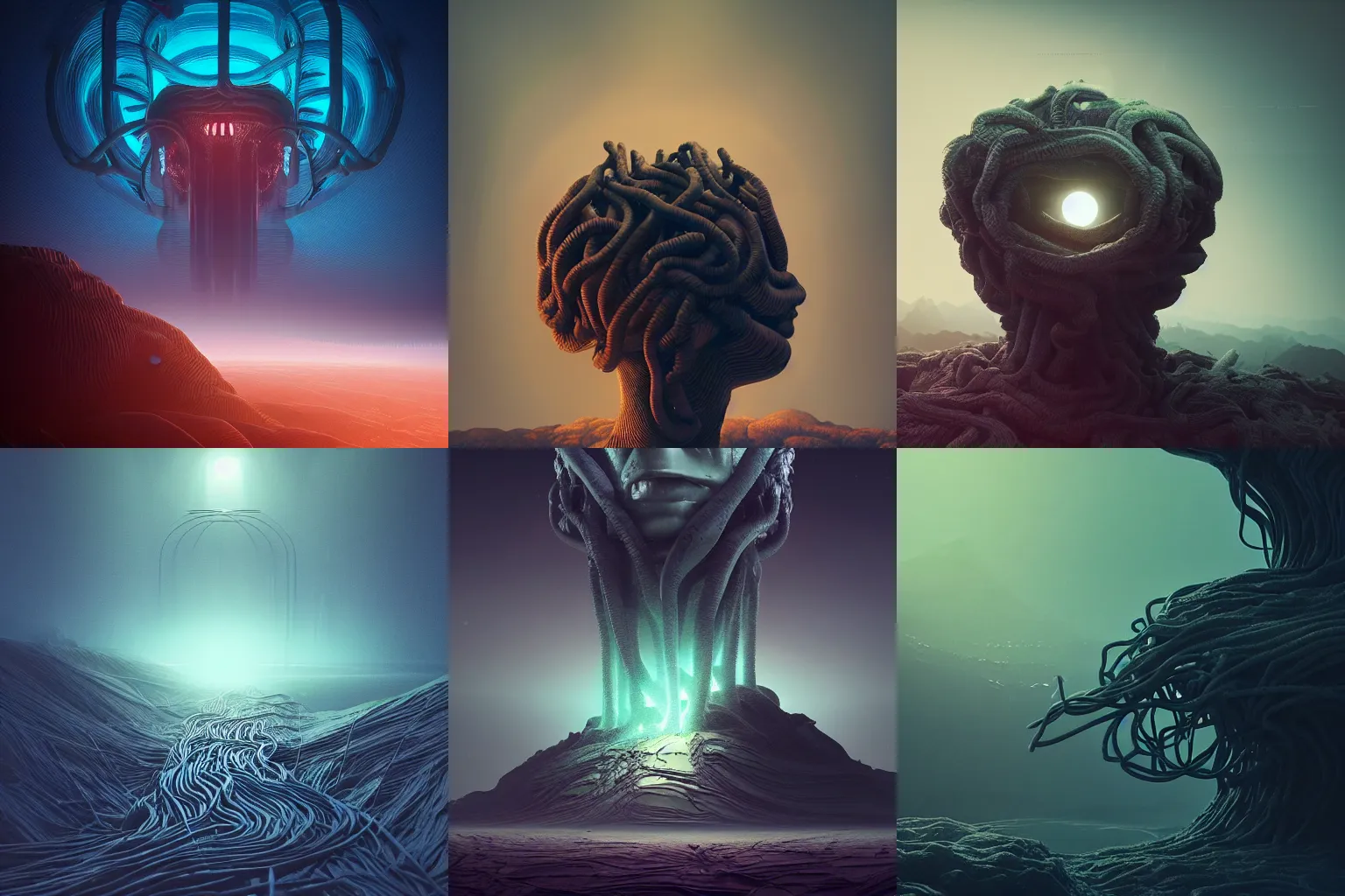 Prompt: beautiful dark landscape, medusa head, in the style of beeple and Mike Winkelmann, intricate, epic lighting, cinematic composition, hyper realistic, 8k resolution,