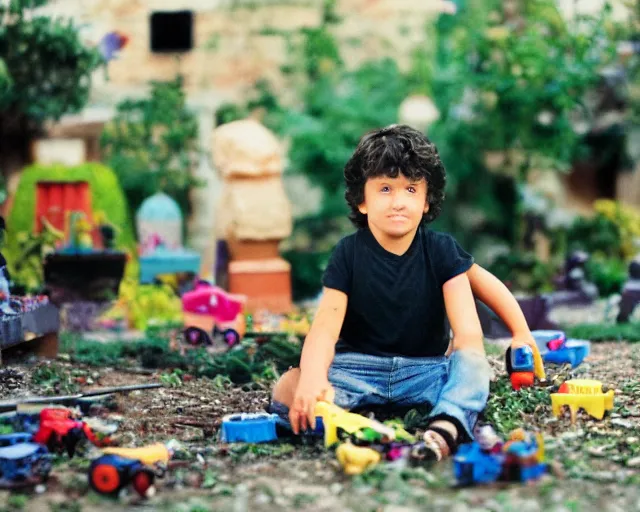 Image similar to 8 5 mm film photography of sylvester stallone!! playing with toys!! near a garden with dof and bokeh